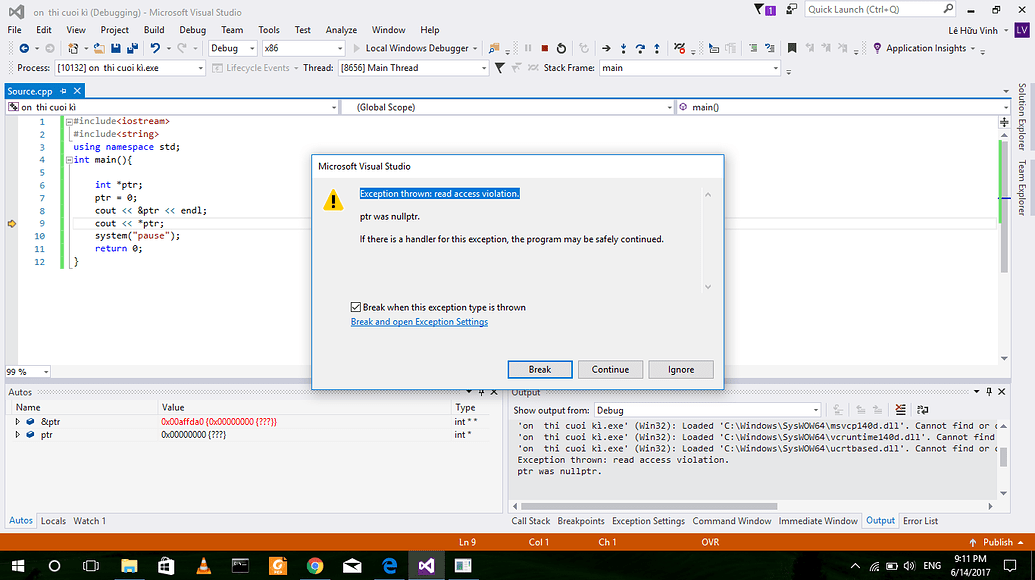 Lỗi khi chạy"Exception thrown read access violation." ,bài tập về con