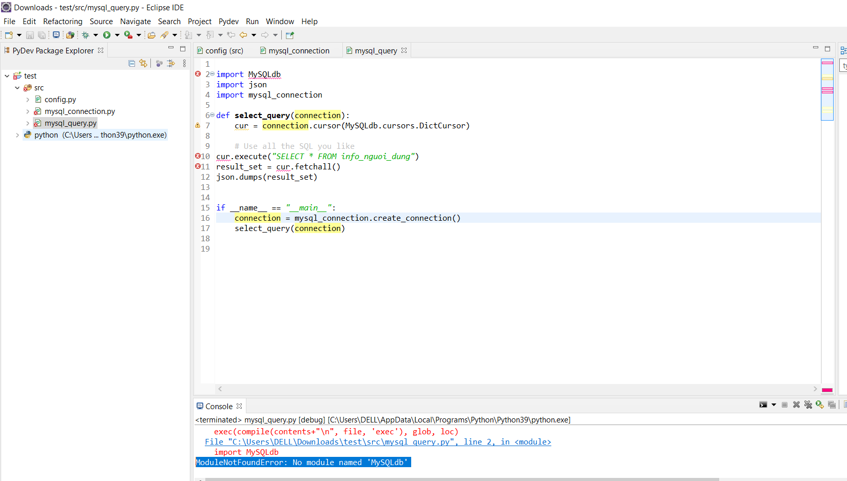 Hỏi về lỗi ModuleNotFoundError No module named 'MySQLdb' python